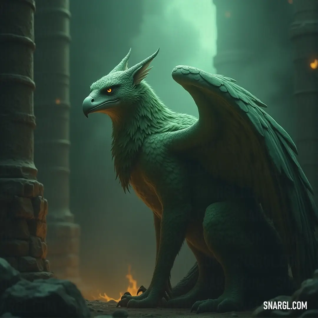 A magnificent green dragon perches majestically on a stone pillar in a dimly lit room, its scales glimmering under a focused beam of light that highlights its majestic form and ancient elegance.