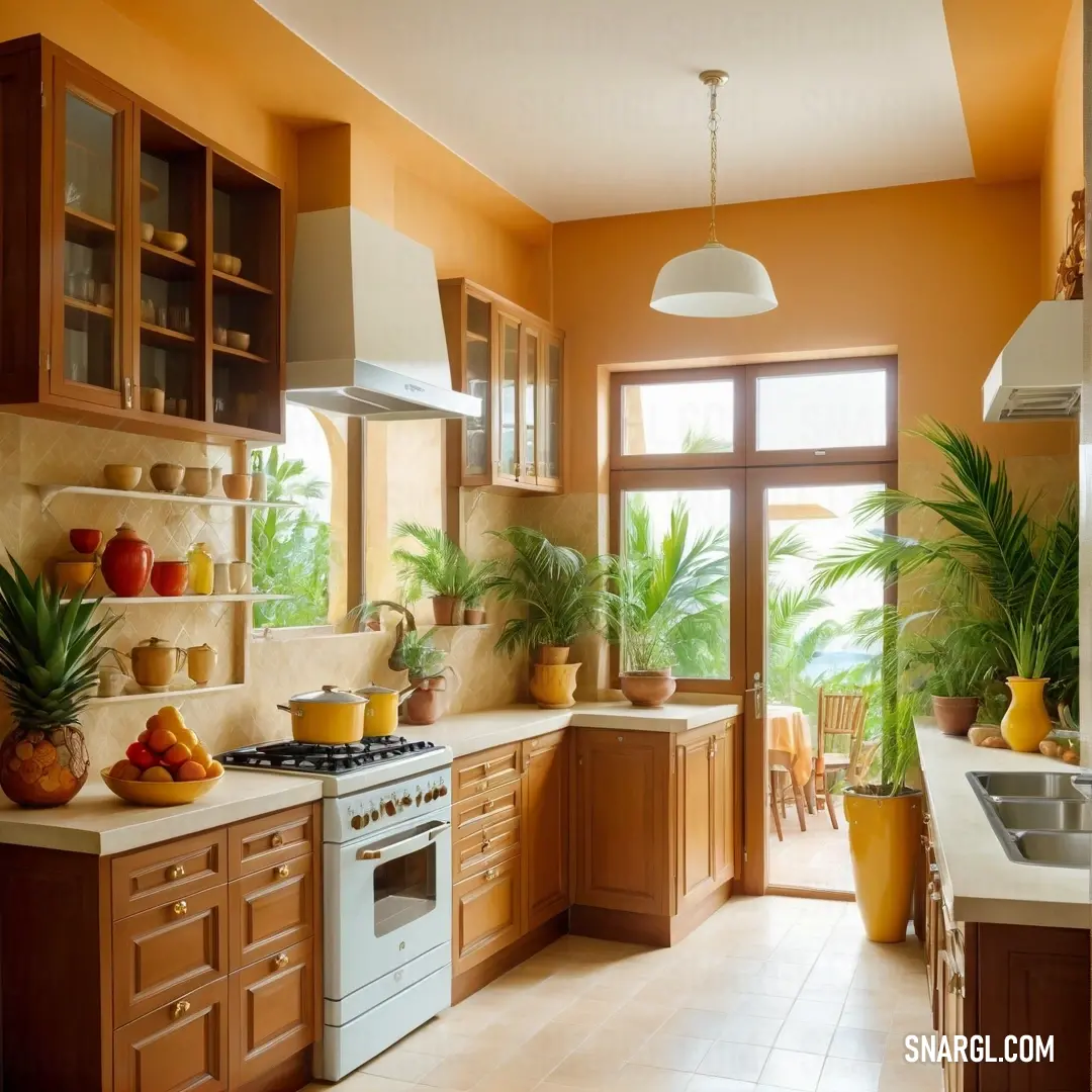 A cozy kitchen scene featuring a stove-top oven beside a window brimming with lush potted plants. Fresh fruit decorates the counter, bringing a vibrant touch to the inviting atmosphere of this homey culinary space filled with warmth and creativity.