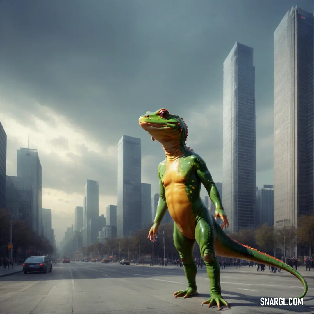 A large green and yellow dinosaur stands boldly in the middle of a busy street, its towering presence outshining the tall buildings surrounding it. The dinosaur’s vibrant colors contrast with the urban landscape, creating a surreal, larger-than-lif