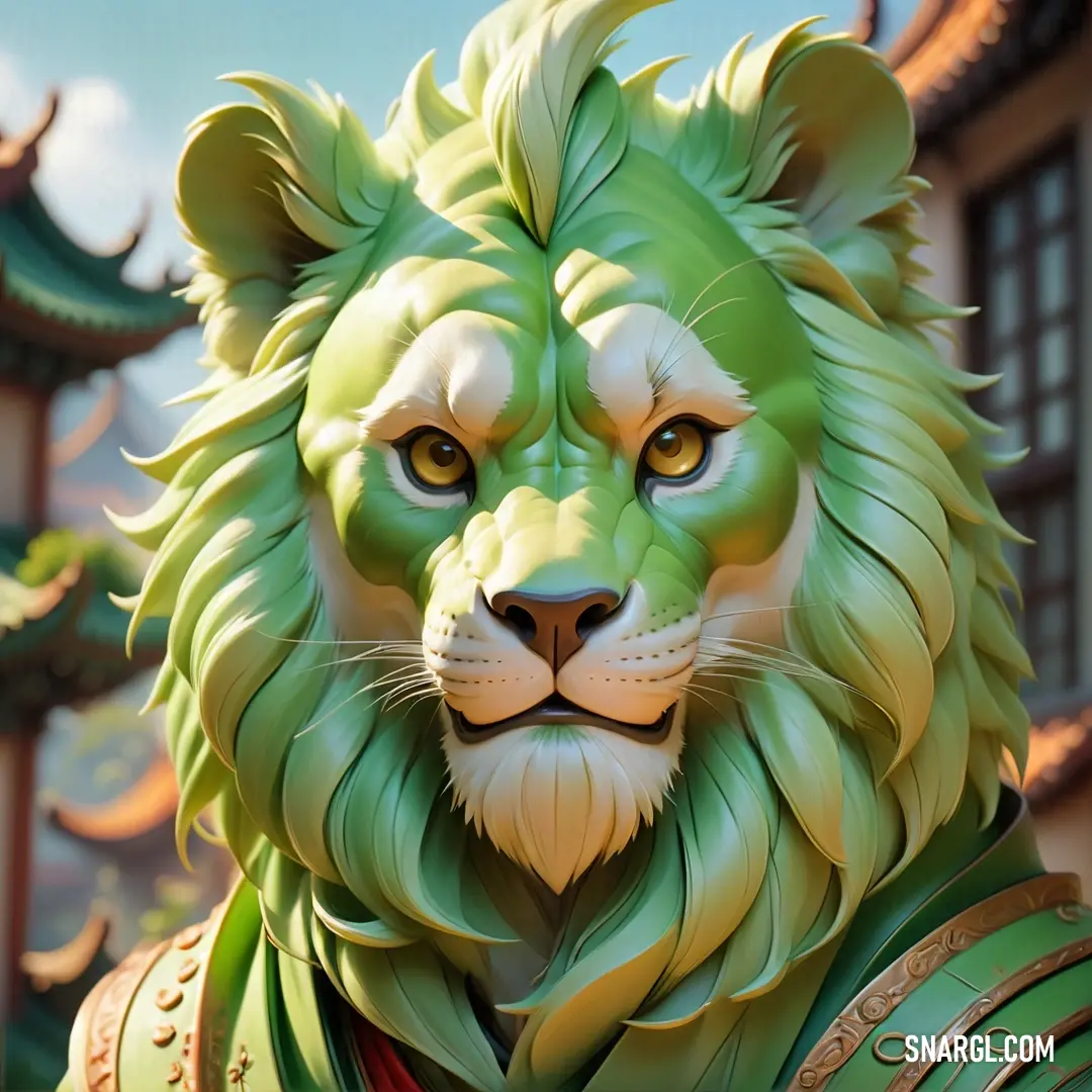 Lion statue with a green mane and a red shirt on it's chest and a building in the background. Color #75C268.