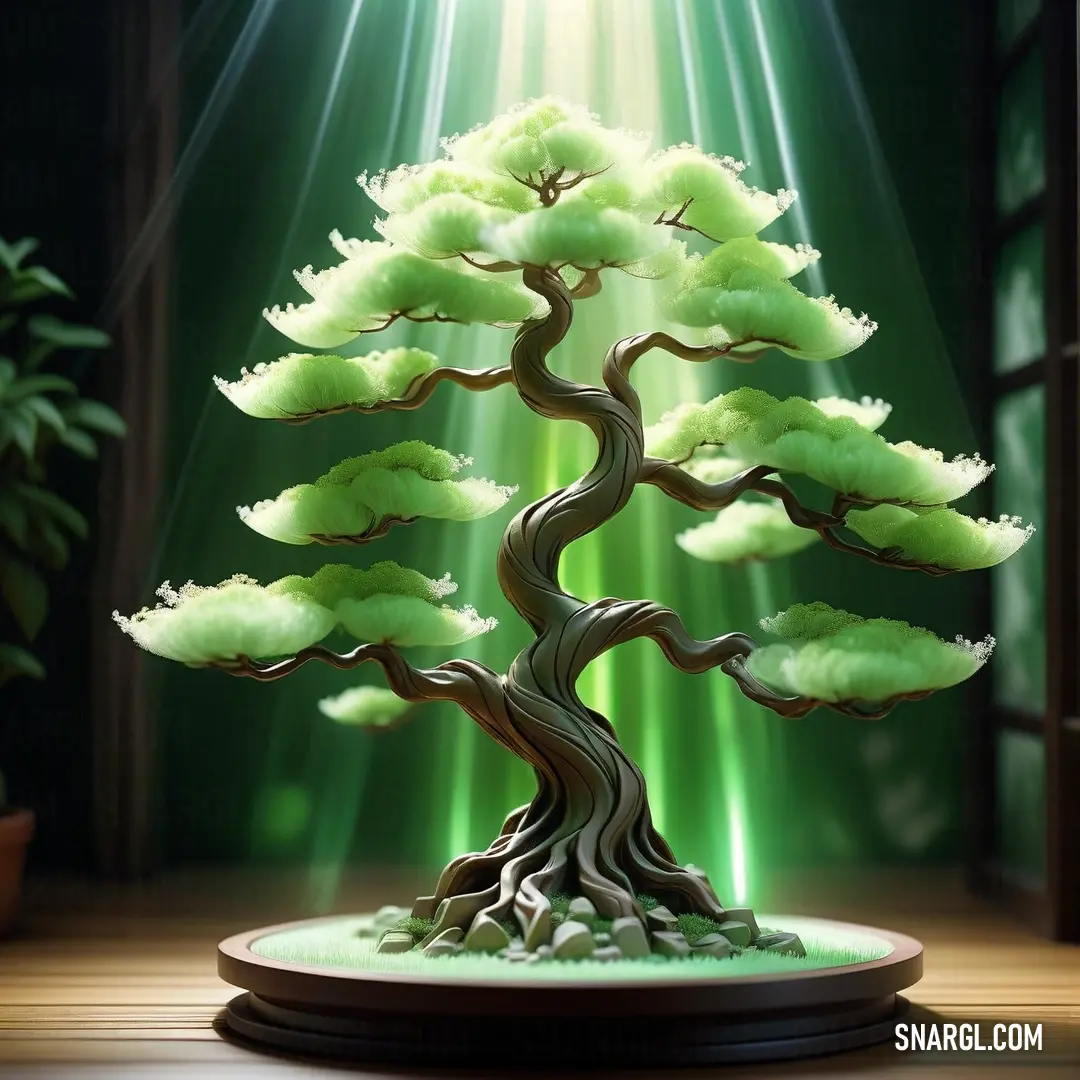 Bonsai tree with green leaves on a table in front of a window with sunlight streaming through the window. Example of CMYK 58,0,68,6 color.