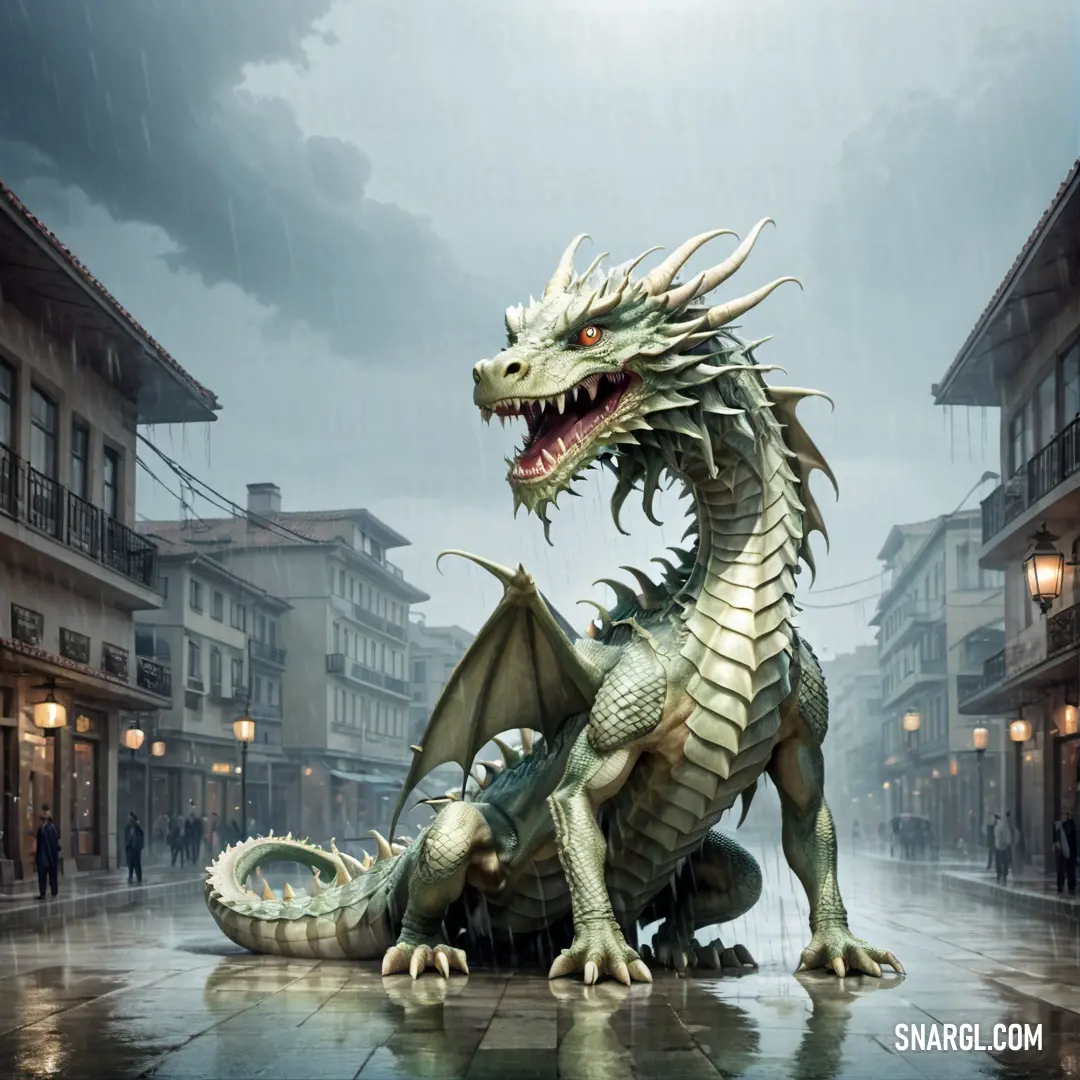 A dragon statue stands atop a wet sidewalk, with rain glistening on its scales. In the background, tall buildings loom, their lights reflecting in the puddles. The city’s energy contrasts with the stillness of the statue, a guardian in the rain.