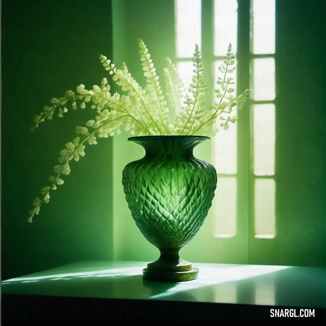 NCS S 2040-G20Y color. Green vase with a plant in it on a table in front of a window with a green curtain