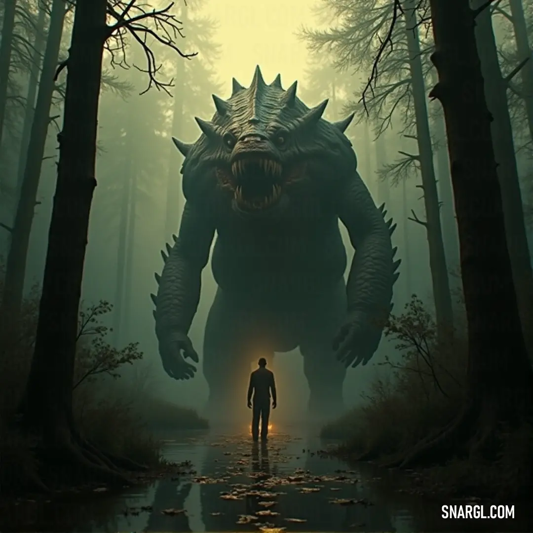 A brave man stands resolutely beside an enormous monster with a gaping mouth in a dense forest, creating a vivid tableau where courage meets the awe and fear of the unseen wonders lurking in the wilderness.