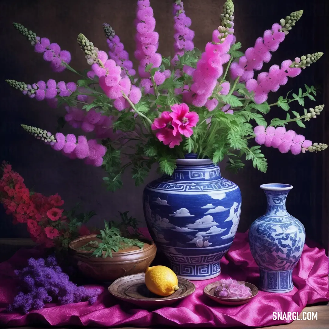 A captivating still life painting showcasing a vase filled with delicate flowers, elegantly displayed on a patterned tablecloth. Surrounding items add richness to the scene, making it a perfect representation of warmth and beauty in everyday life.