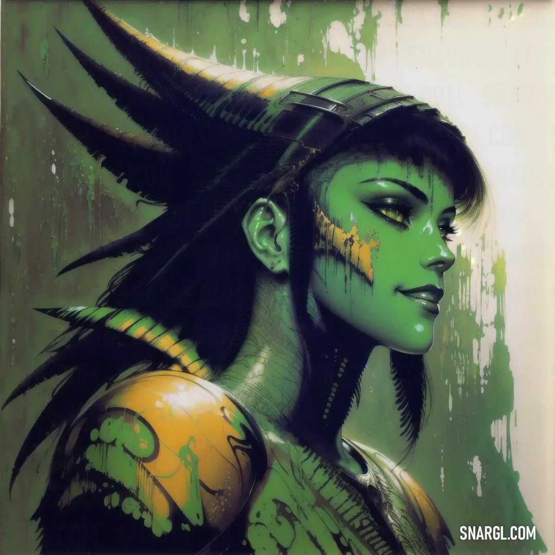 Painting of a woman with green and yellow paint on her face and hair with black. Example of CMYK 58,0,68,6 color.
