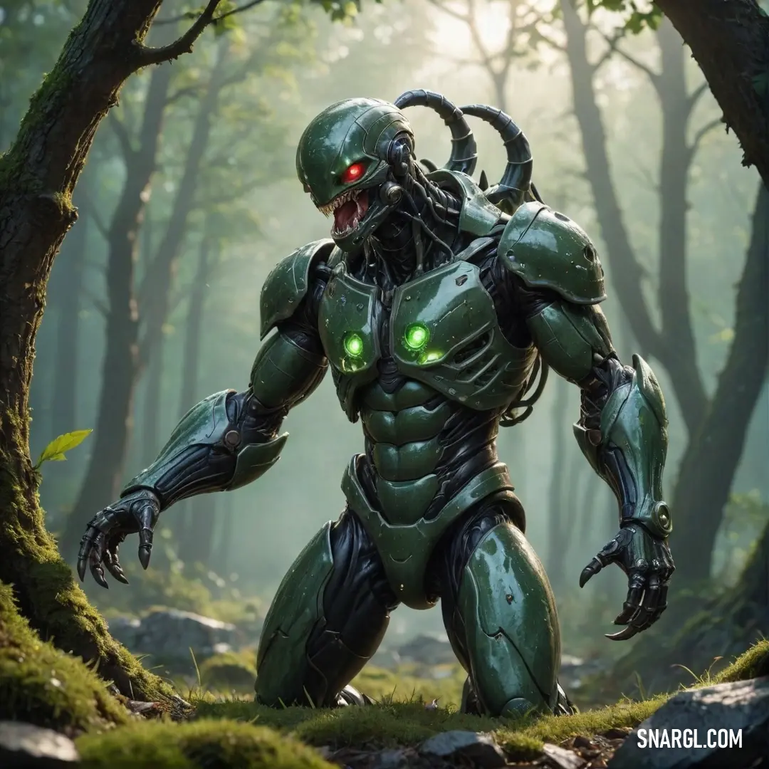 A futuristic robot with mesmerizing green eyes stands tall in a serene forest, surrounded by majestic trees and rugged rocks. This captivating scene blends nature with technology, sparking the imagination and curiosity of the viewer.