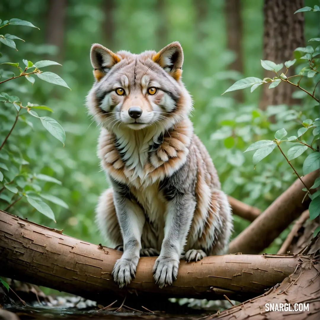 A small fox perched gracefully on a log in the heart of a woodland, surrounded by lush green foliage, creating a picturesque moment of tranquility amidst the vibrant hues of nature.