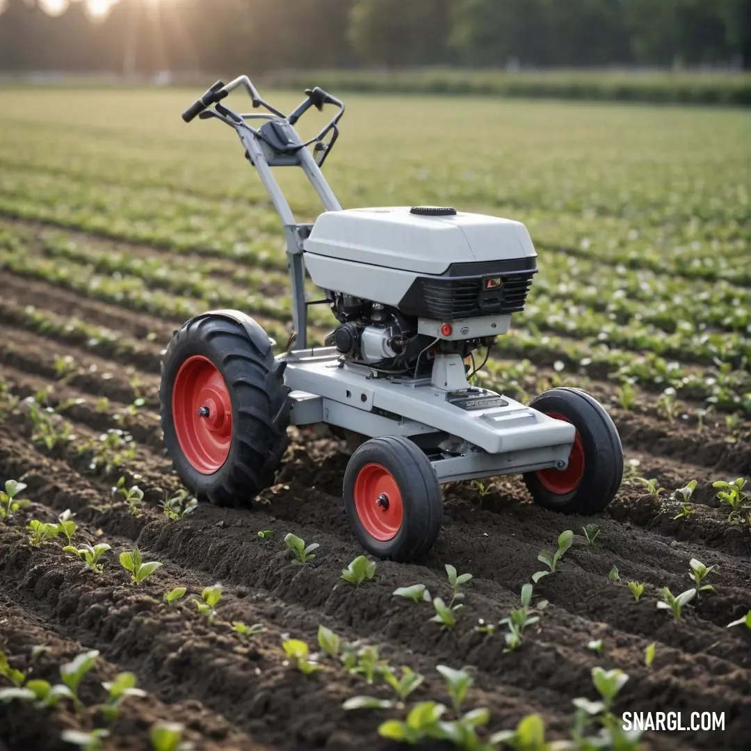 A tractor slowly moves through a lush field of crops, the sun setting on the horizon, casting a warm glow across the landscape. The earth is rich and green, symbolizing the hard work and bounty of nature’s harvest.