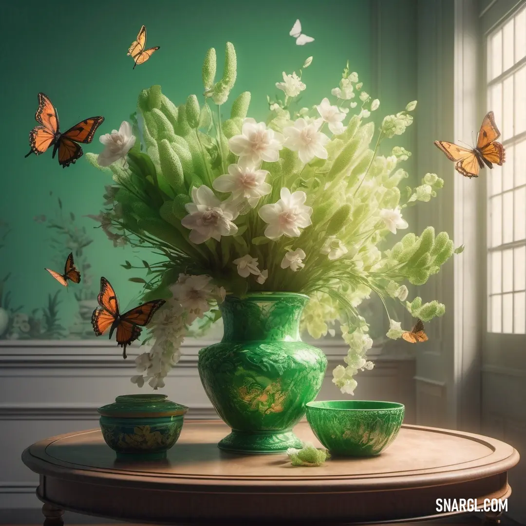 A delightful vase filled with vibrant flowers and charming butterflies sits on a table facing a window adorned with a soothing green wall. The scene radiates freshness and joy, beautifully combining nature's elements within a cozy interior.