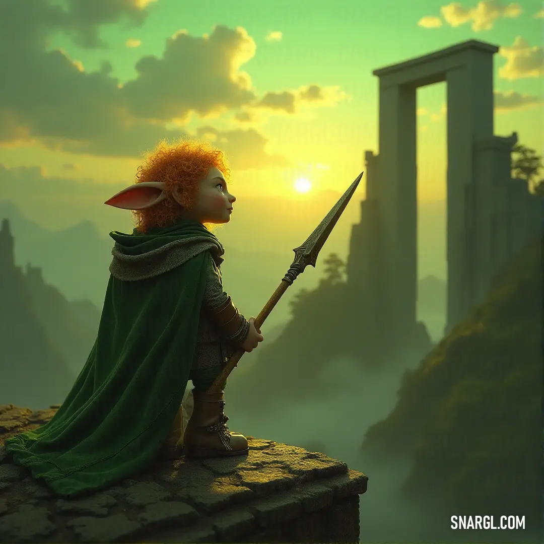 A fearless woman stands poised with a sword atop a rocky outcrop, gazing towards an enigmatic gate. The vibrant colors invoke a sense of adventure and determination against a backdrop of compelling imagery.