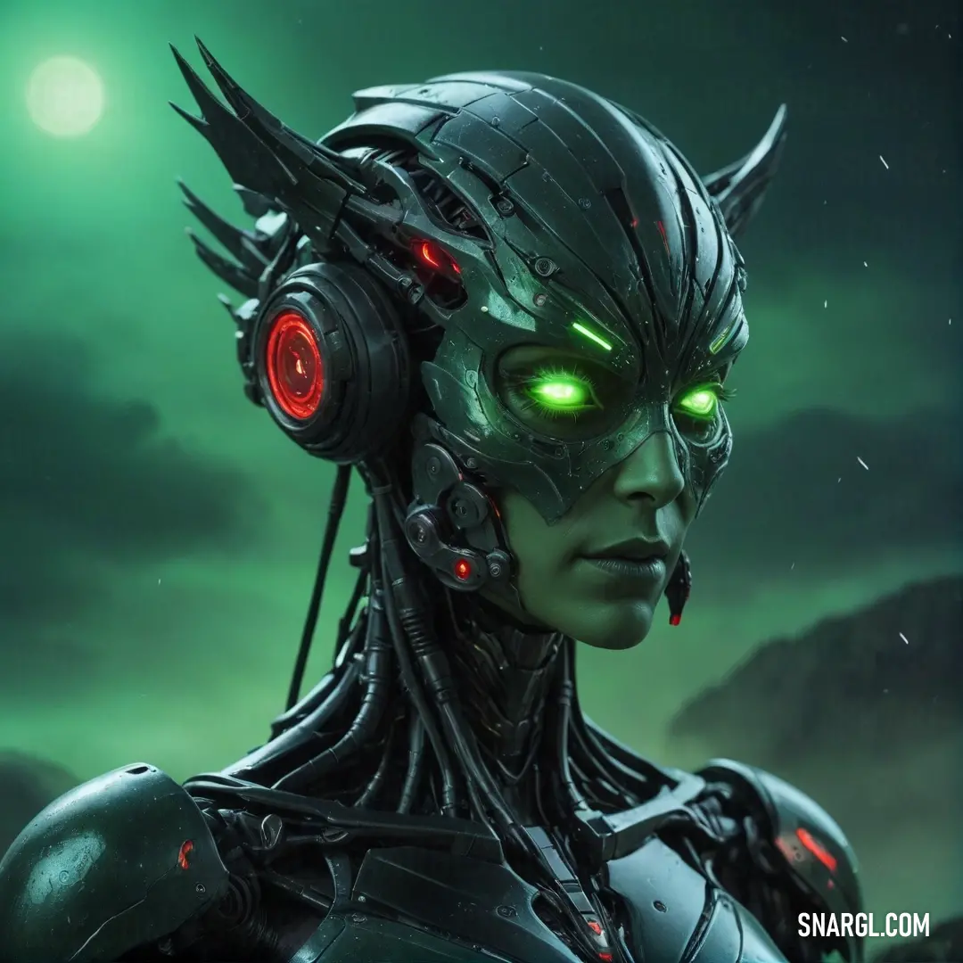 A sci-fi avatar of a woman with remarkable green horns and vibrant glowing eyes dons headphones, embodying a fusion of technology and fantasy in a striking portrayal of futuristic ideals and creativity.