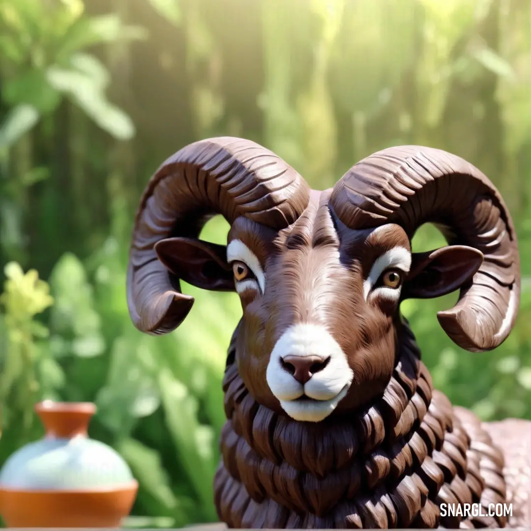 A striking statue of a ram stands proudly in front of a decorative vase and an elegant planter. The sculpture adds personality to the scene, while the ensemble of objects creates a harmonious union between artistry and nature in the living space.