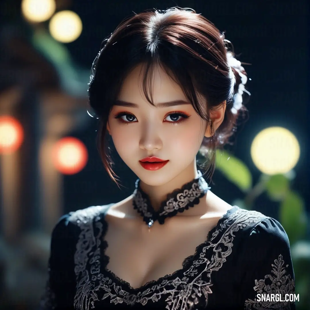 A poised woman dons a fashionable black dress adorned with delicate white laces, complemented by a chic choker and necklace. Her graceful presence and stylish attire create an alluring scene, enhanced by the contrast of her ensemble against a soft backdro