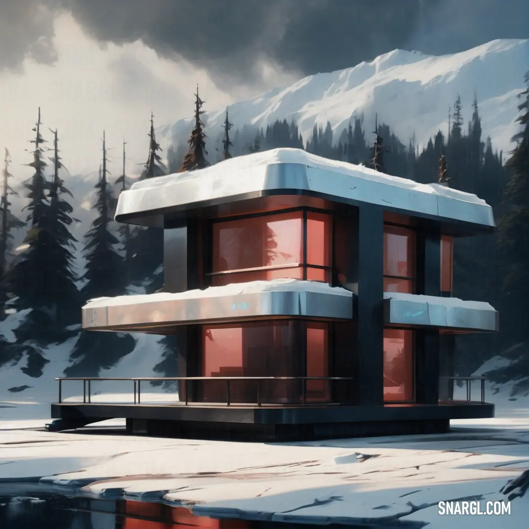 Painting of a building in the middle of a snowy landscape with trees and mountains in the background. Example of RGB 210,112,112 color.