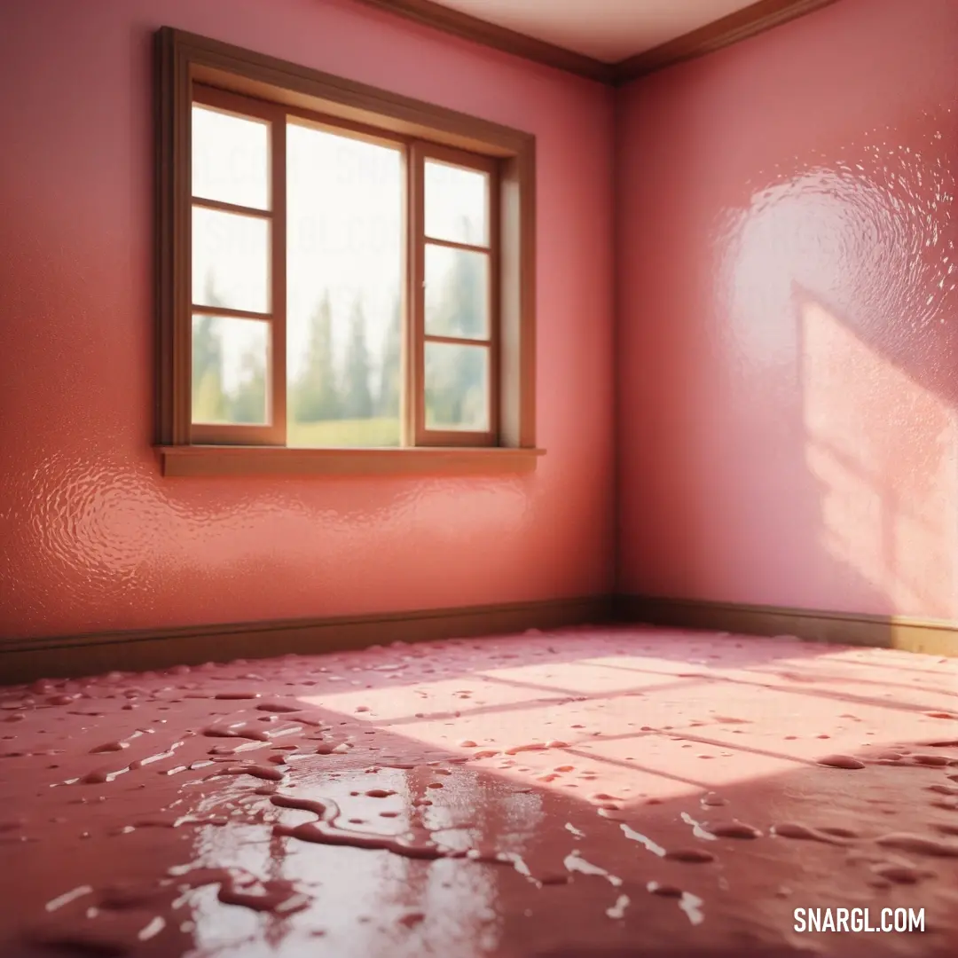 Room with a window and a pink wall and floor with water drops on it. Example of RGB 210,112,112 color.