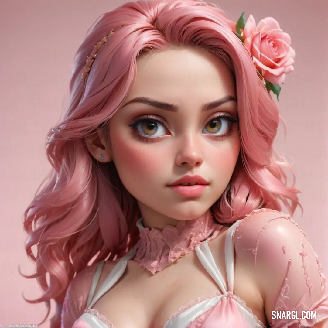 Woman with pink hair and a pink rose in her hair is wearing a pink bra. Color CMYK 0,62,40,15.