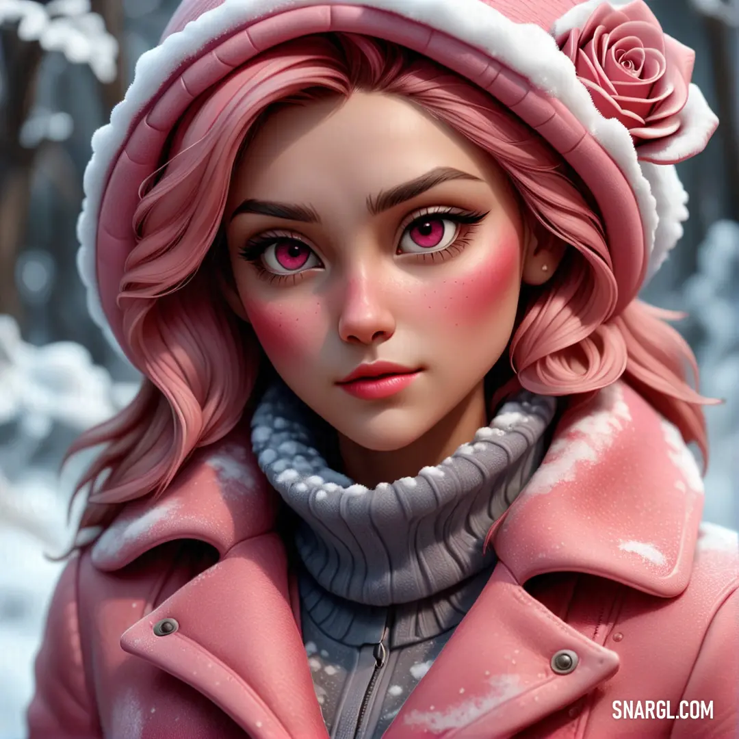 Digital painting of a woman in a pink coat and hat with a rose on her head. Color RGB 210,111,127.