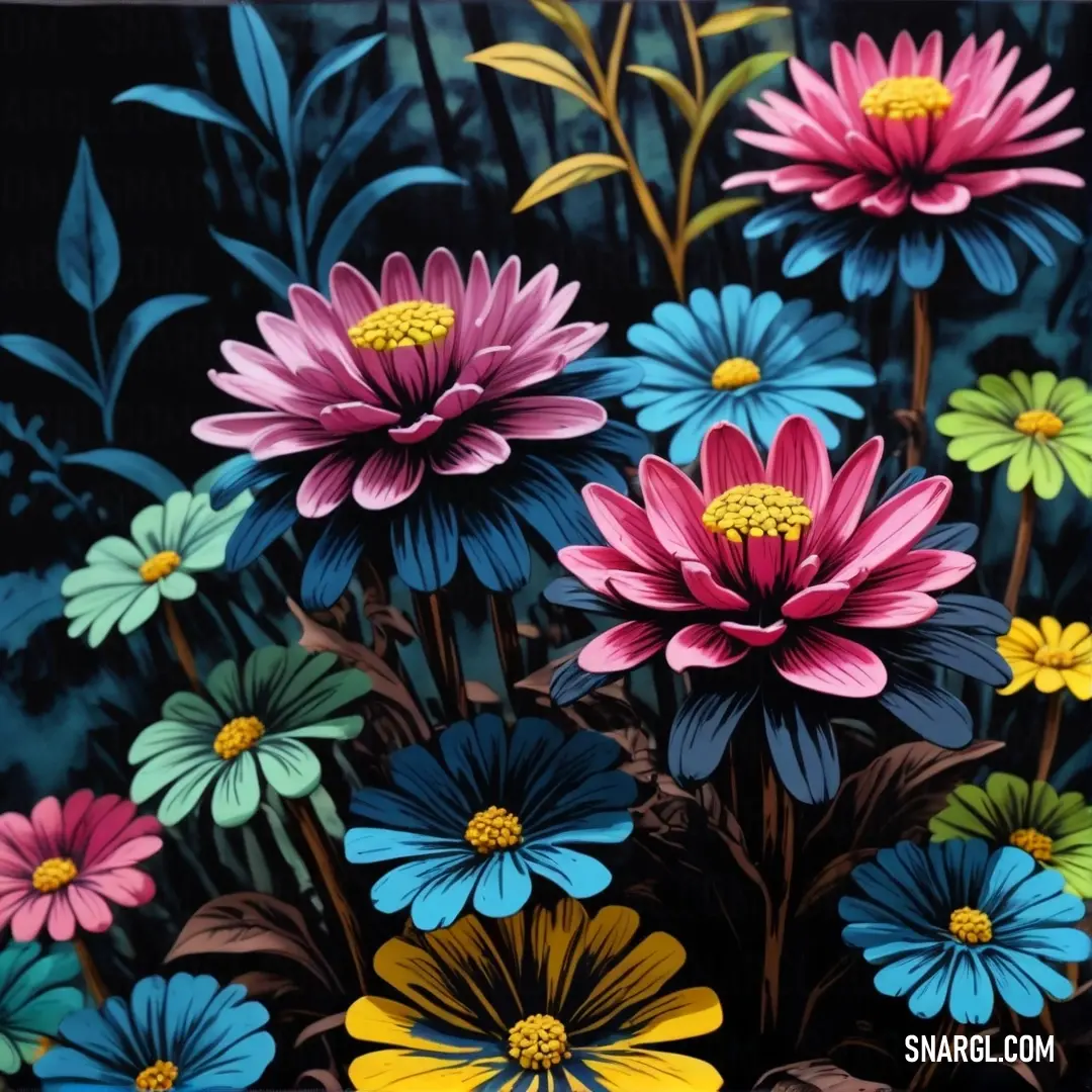 Painting of colorful flowers on a black background. Color RGB 210,111,127.