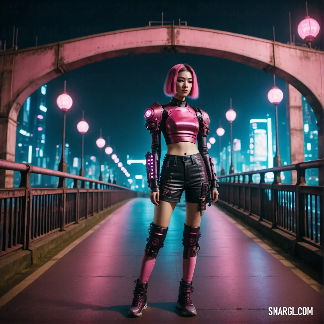 NCS S 2040-R10B color example: Woman in a futuristic outfit standing on a bridge at night with lights in the background