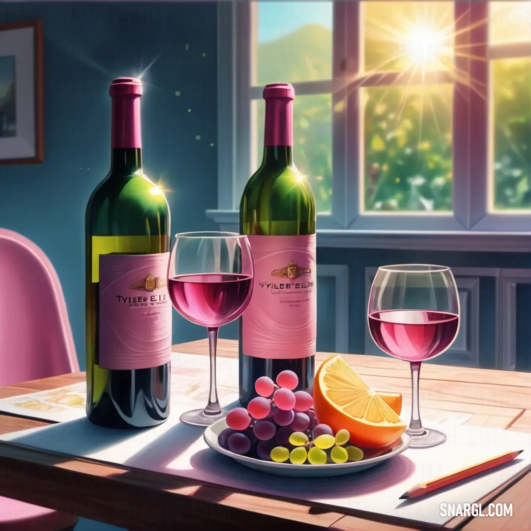 Painting of a table with wine and fruit on it and a window in the background. Example of #C66E88 color.