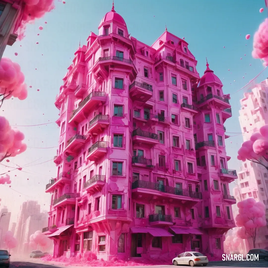 Pink building with a car parked in front of it and balloons floating around it in the air above. Example of NCS S 2040-R20B color.
