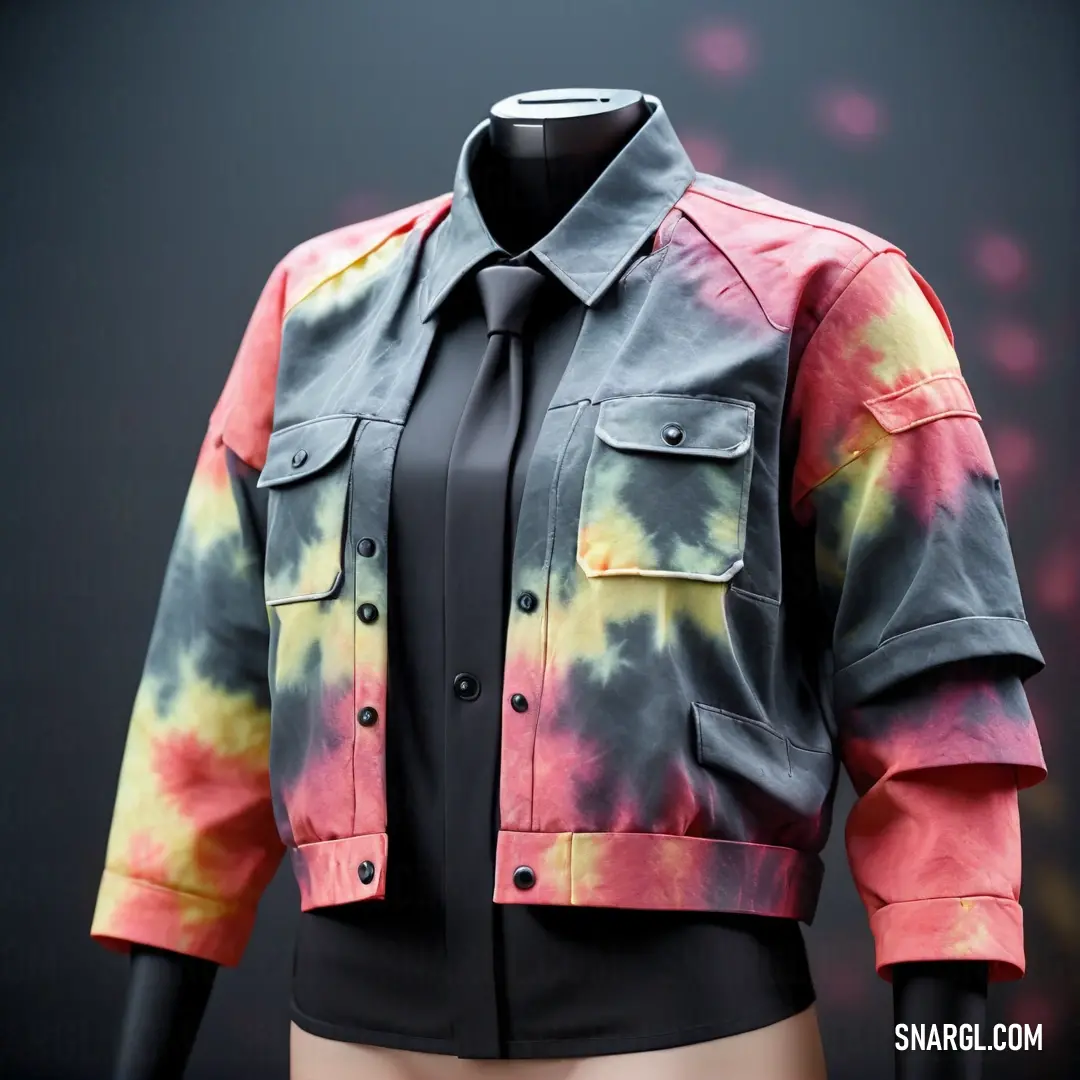 Tie dyed shirt and tie dyed jacket on a mannequin's head with a black shirt underneath. Example of NCS S 2040-R20B color.