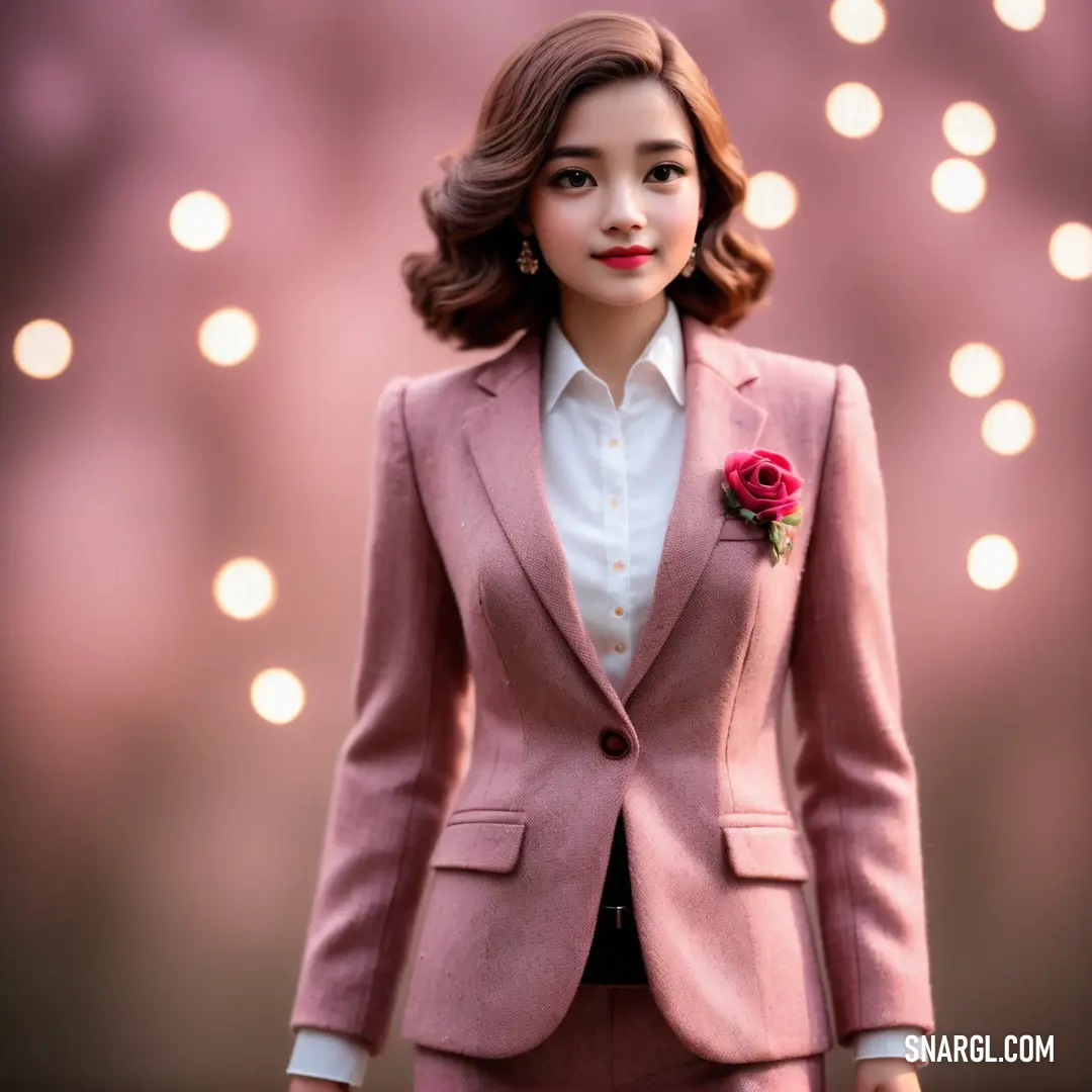 Woman in a pink suit and a rose in her lapel and a white shirt and black pants. Color NCS S 2040-R20B.