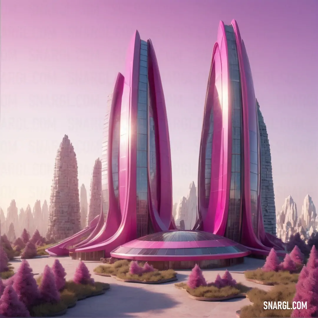NCS S 2040-R30B color. Futuristic city with pink trees and a pink sky background