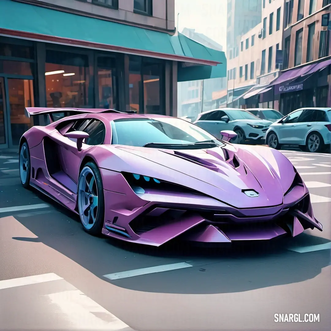 Purple sports car parked in a parking lot next to a building and cars on the street in front of it. Color #CA77C8.