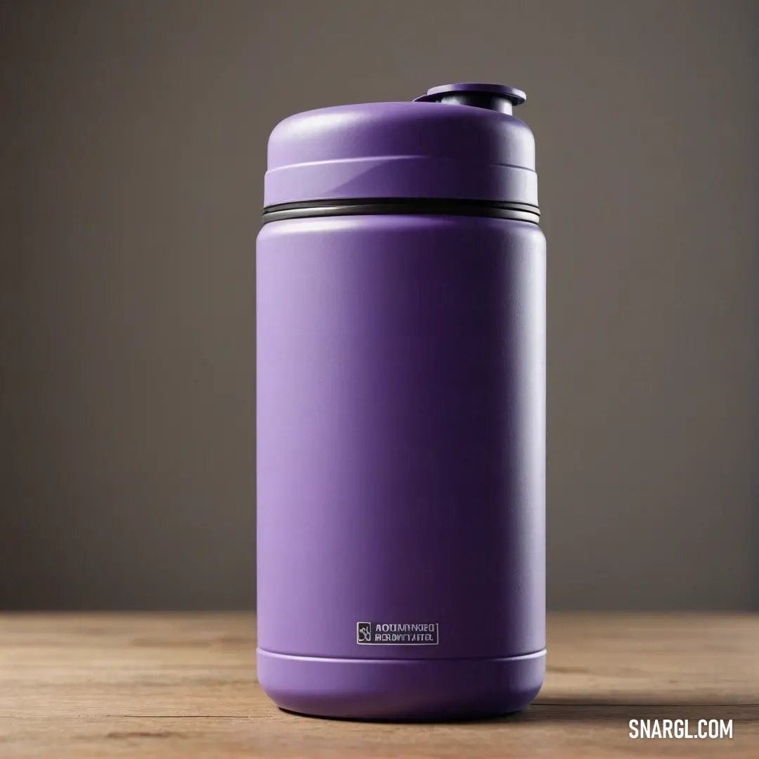 NCS S 2040-R60B color. Purple insulated cup on a wooden table top with a gray background