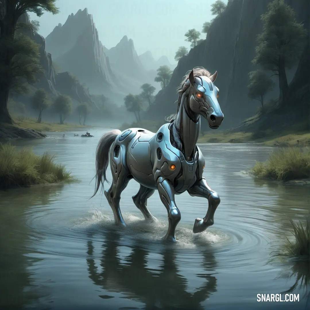 NCS S 2040-R70B color example: Horse that is standing in some water near a mountain range with a river running through it and a few trees