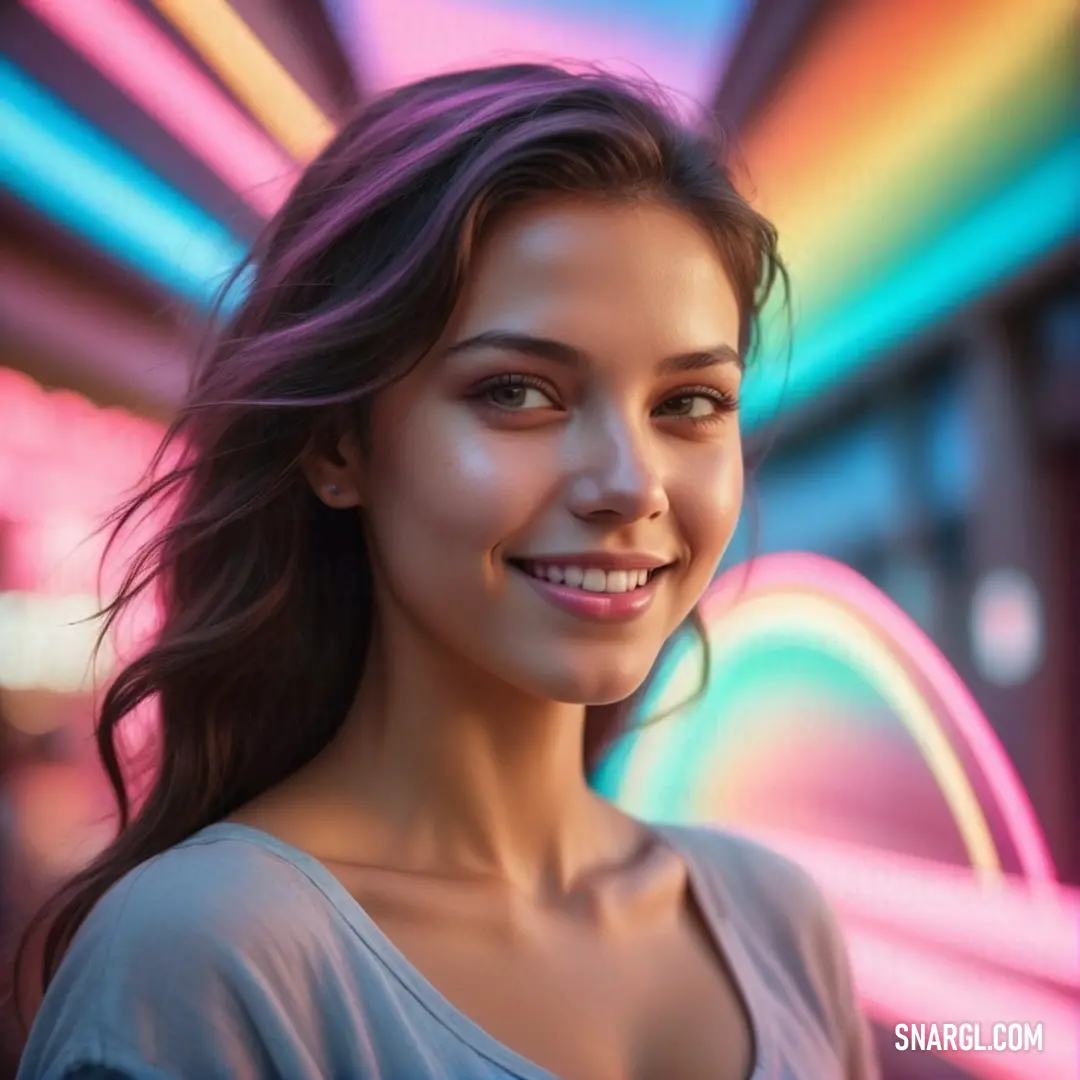 Woman with a smile on her face and a rainbow background. Example of CMYK 55,42,0,0 color.