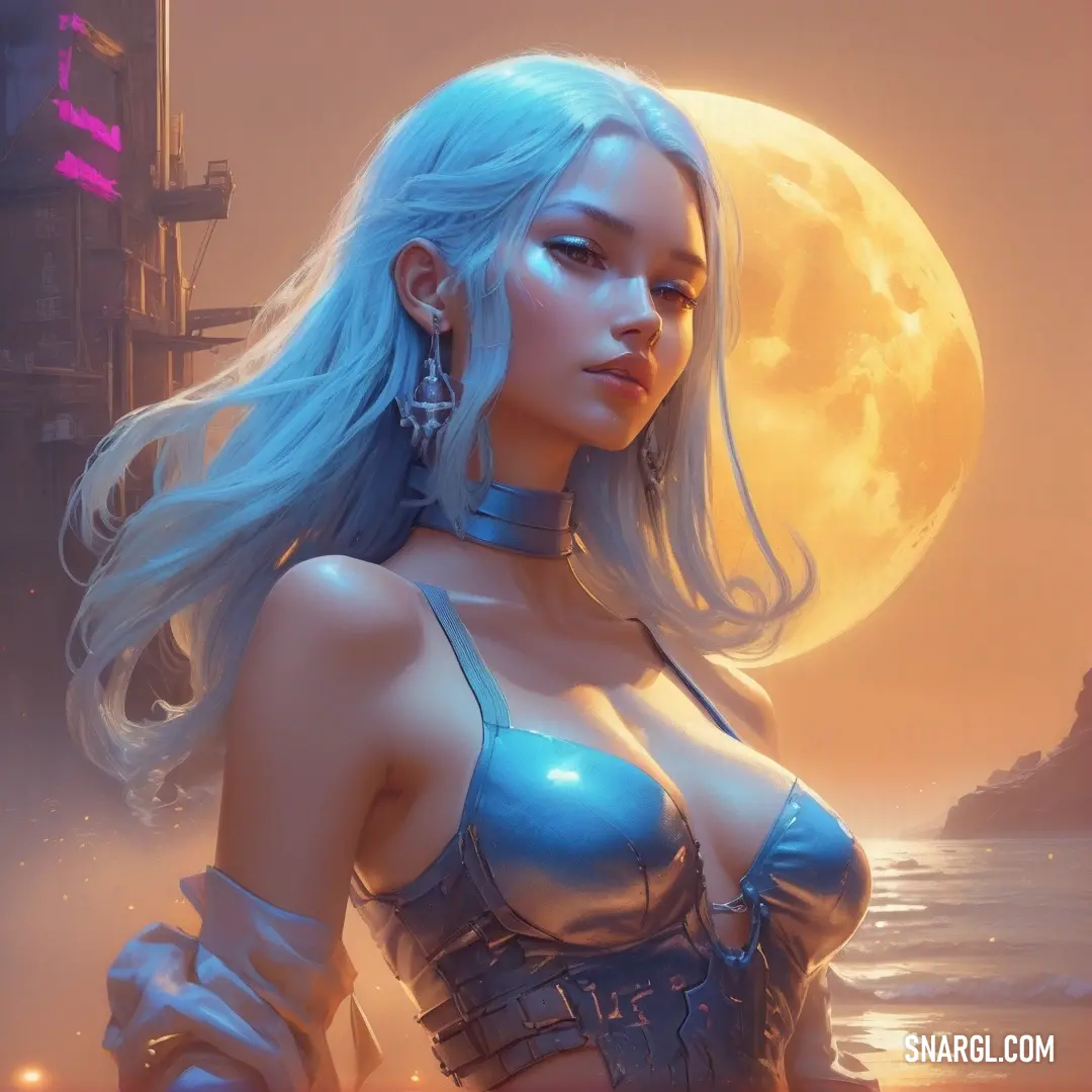 Woman with blue hair and a blue bra top standing in front of a full moon and a body of water. Example of RGB 135,149,206 color.
