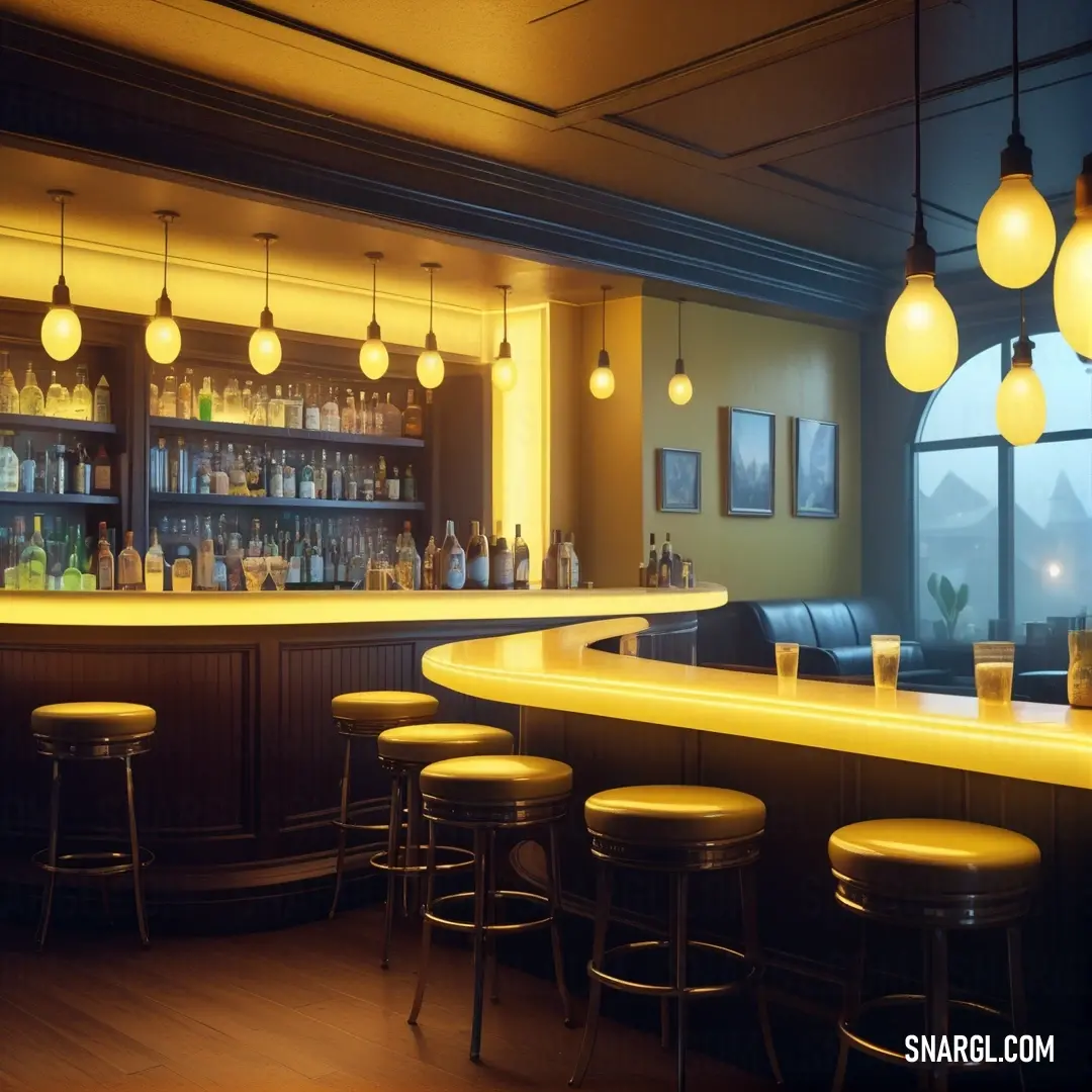 NCS S 2040-Y color. Dimly lit bar with yellow stools and yellow lights hanging from the ceiling and a bar with a yellow counter