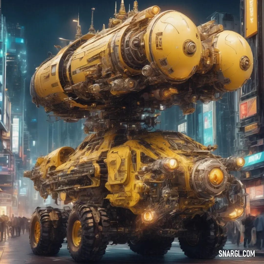NCS S 2040-Y color example: Futuristic vehicle with a lot of wheels on it in a city at night time with people walking around