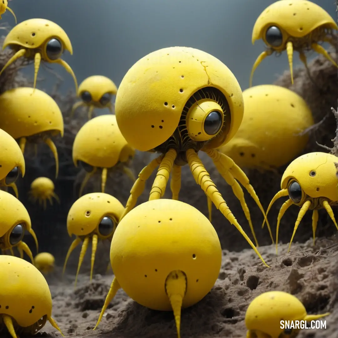 Group of yellow plastic figures with eyes and legs, all with eyes and legs. Example of CMYK 0,14,70,18 color.
