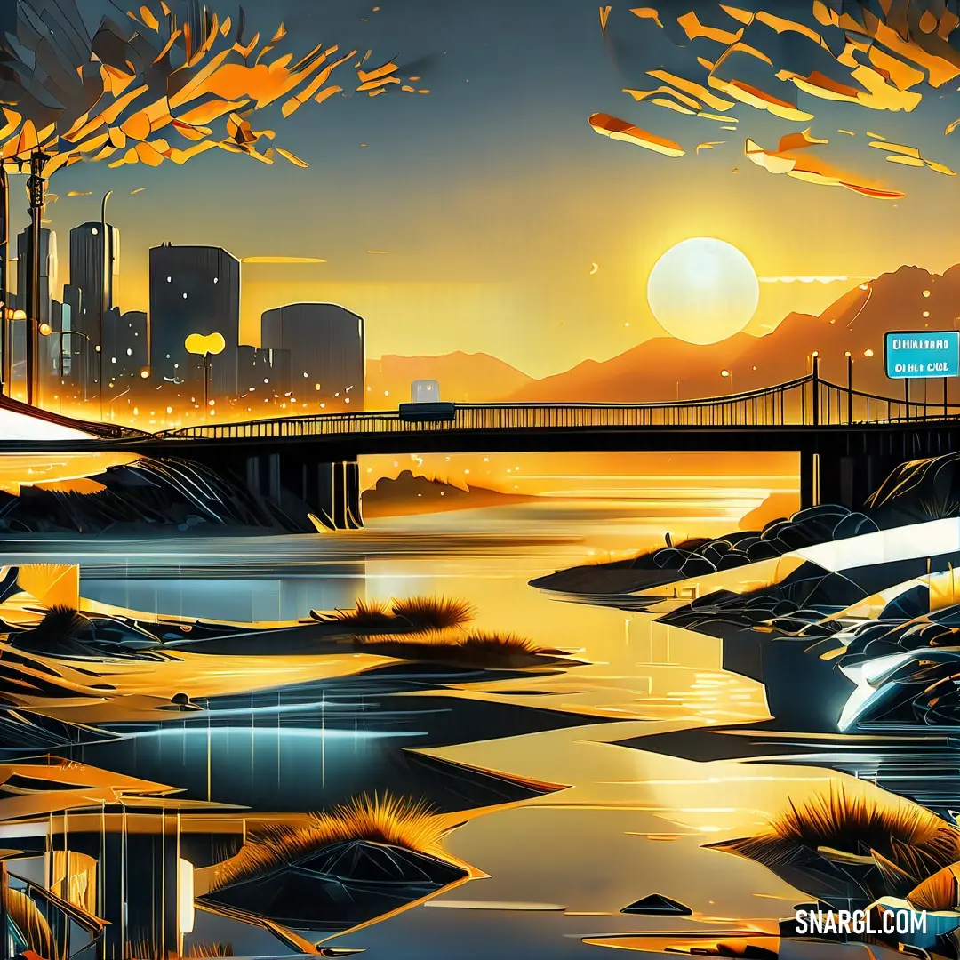 Painting of a city with a bridge over a river at sunset or sunrise with a city in the distance. Color RGB 208,179,83.