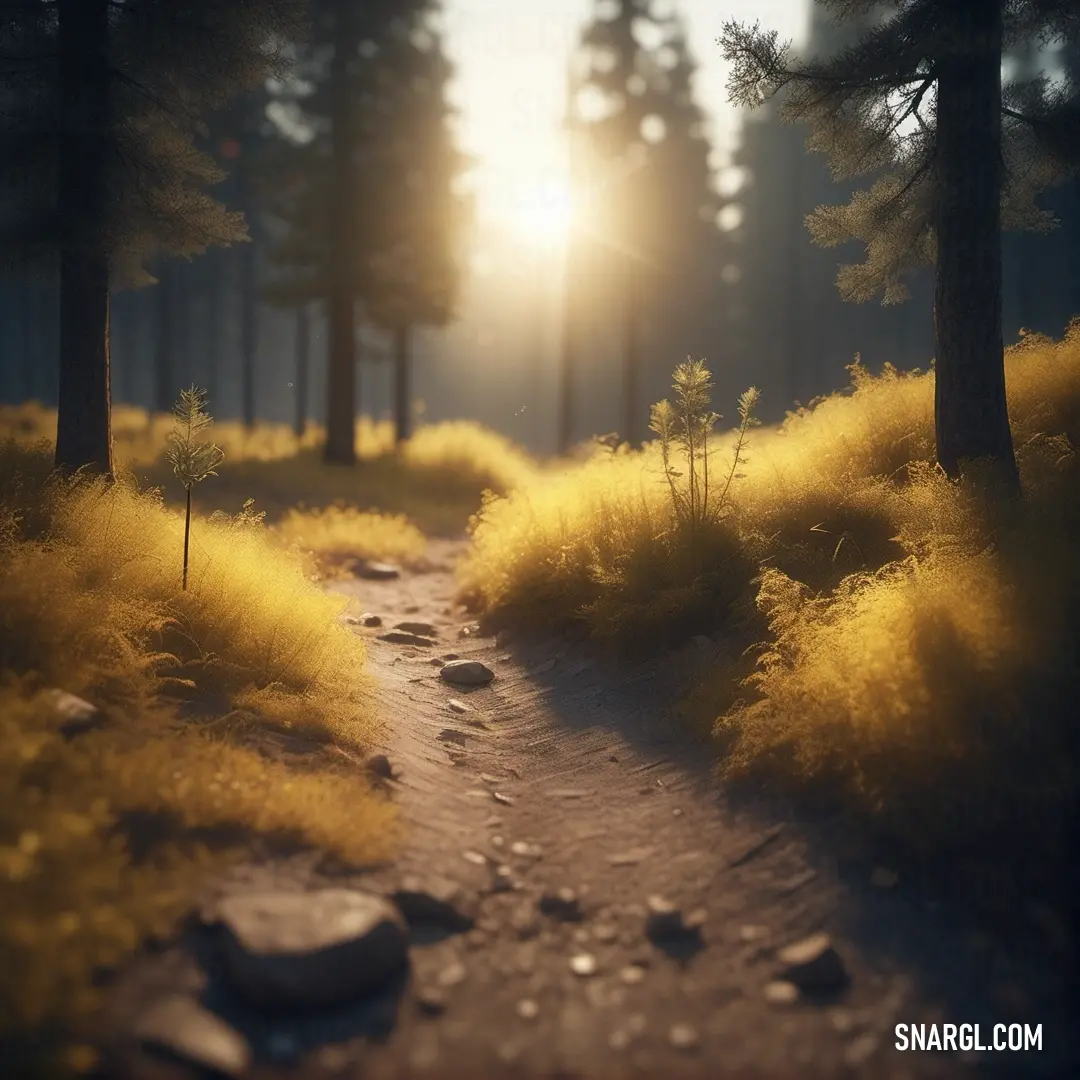 Path through a forest with a sun shining through the trees and grass on the ground and rocks on the ground. Example of CMYK 0,14,70,18 color.