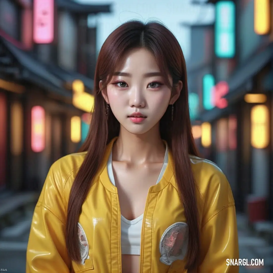 NCS S 2040-Y color example: Woman with long hair wearing a yellow jacket and earrings in a city street at night time with neon signs