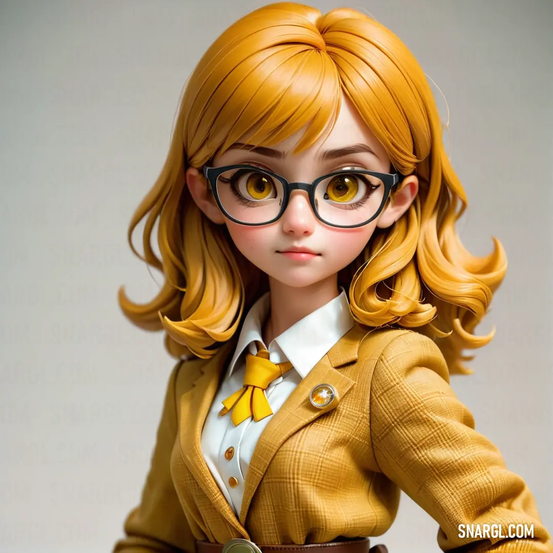 Doll with glasses and a yellow jacket on a table with a white background. Example of NCS S 2040-Y10R color.