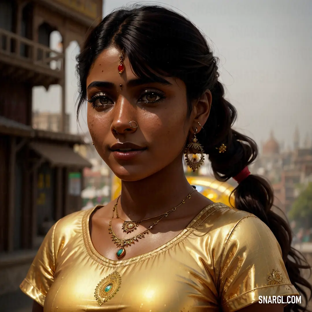 Woman in a gold dress with a gold necklace and earrings on her head and a city in the background. Example of #E1AF55 color.