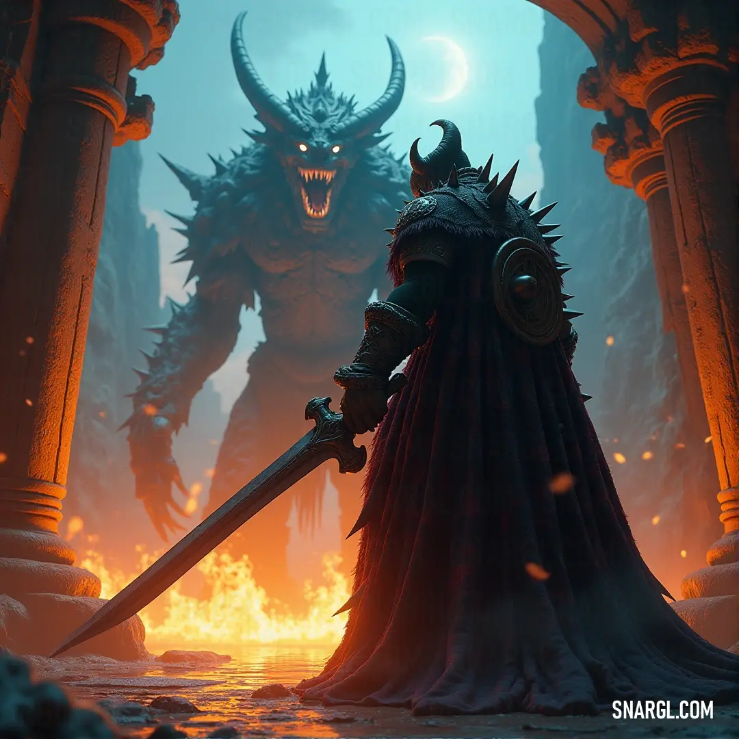 A formidable demonic figure stands in a dim doorway, clutching a menacing sword, his presence radiating power and mystery in a dramatic interplay of shadows and light.