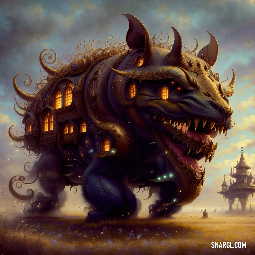 A massive, monster-like creature with a sprawling house perched on its back, set against the backdrop of an ancient castle. The creature's towering form creates a surreal contrast with the rich, golden color of #EBAB57 that defines the scene.