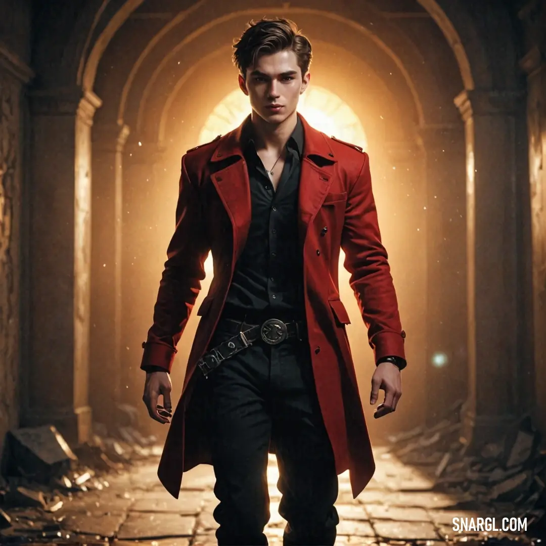 In a dimly lit hallway, a figure dressed in a striking red coat walks purposefully, holding a gun. Light spills through a doorway, casting dramatic shadows that heighten the tension of the moment.