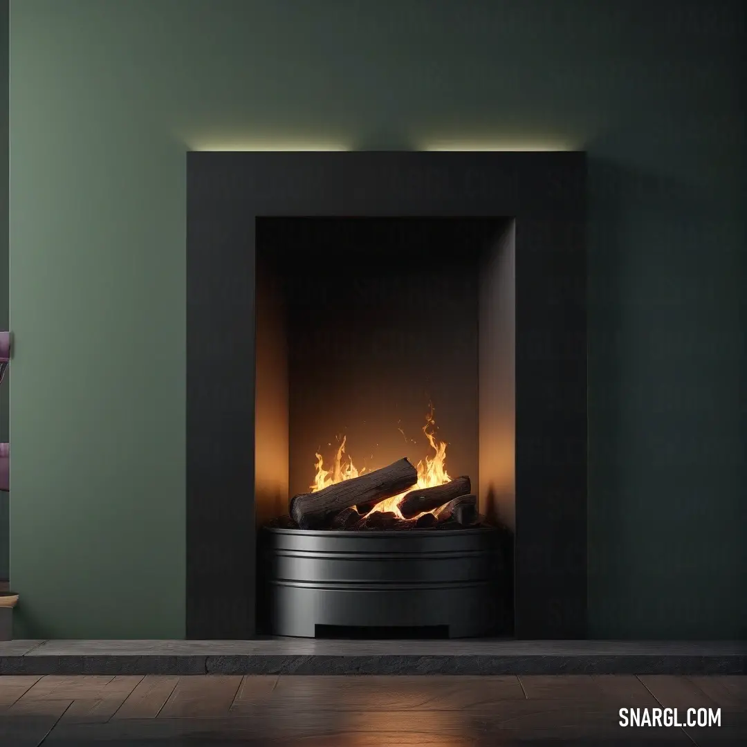 A cozy fireplace crackles warmly, illuminating a room adorned with soothing green walls and a quaint chair nestled in the corner. The gentle flames contrast beautifully with the serene decor, crafting an inviting atmosphere of comfort.