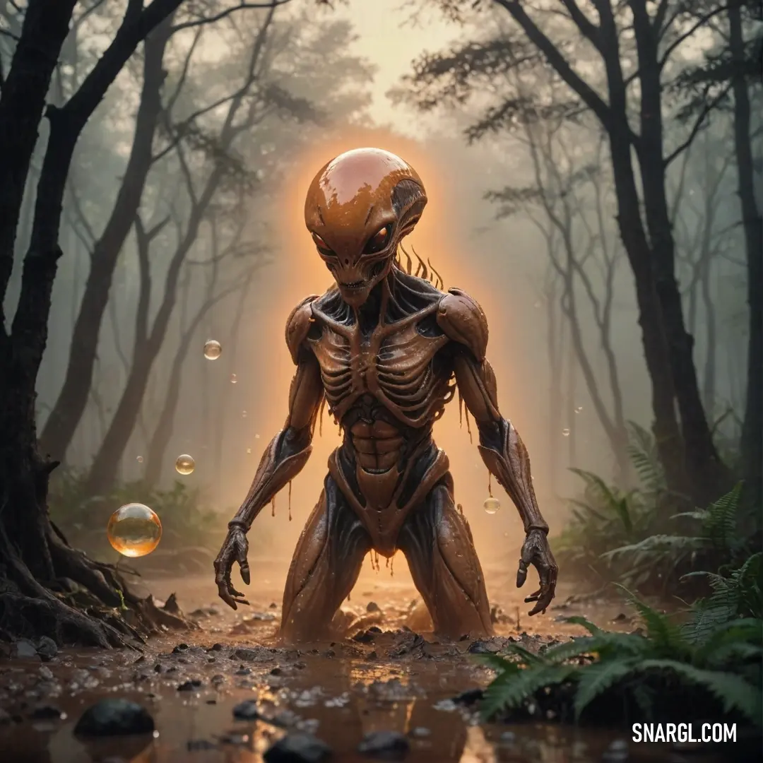 A whimsical scene unfolds in a lush forest where a humanoid figure stands, surrounded by bubbles floating gently around its body and head. The enchanting atmosphere evokes a sense of magic and wonder in nature.