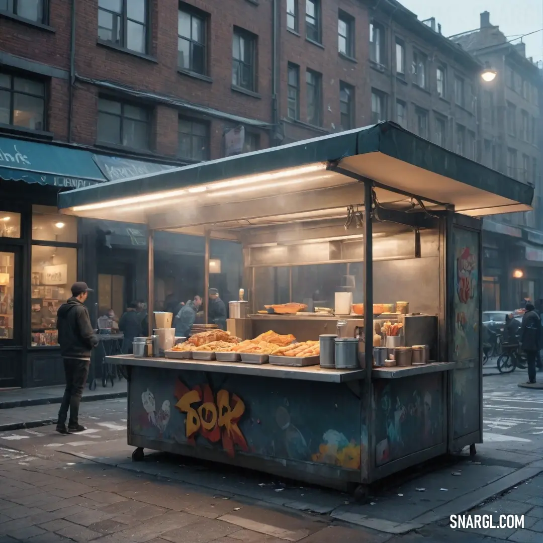 An engaging night-time scene where a man stands confidently next to a food cart on a busy street, while pedestrians bustle around. The glowing city lights provide a backdrop that emphasizes the vibrancy of urban nightlife.