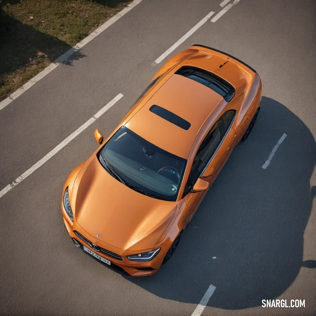 An attention-grabbing orange sports car races down a scenic road, near a parking lot with a visible parking meter. Its vibrant hue captures the thrill of the open road, embodying speed and passion for driving.