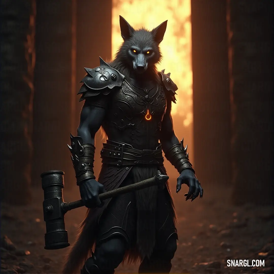 A majestic wolf clad in a rugged cloak stands tall with a staff, surrounded by twisted trees and vivid flames flaring in the background, evoking an atmosphere of mystery and strength.